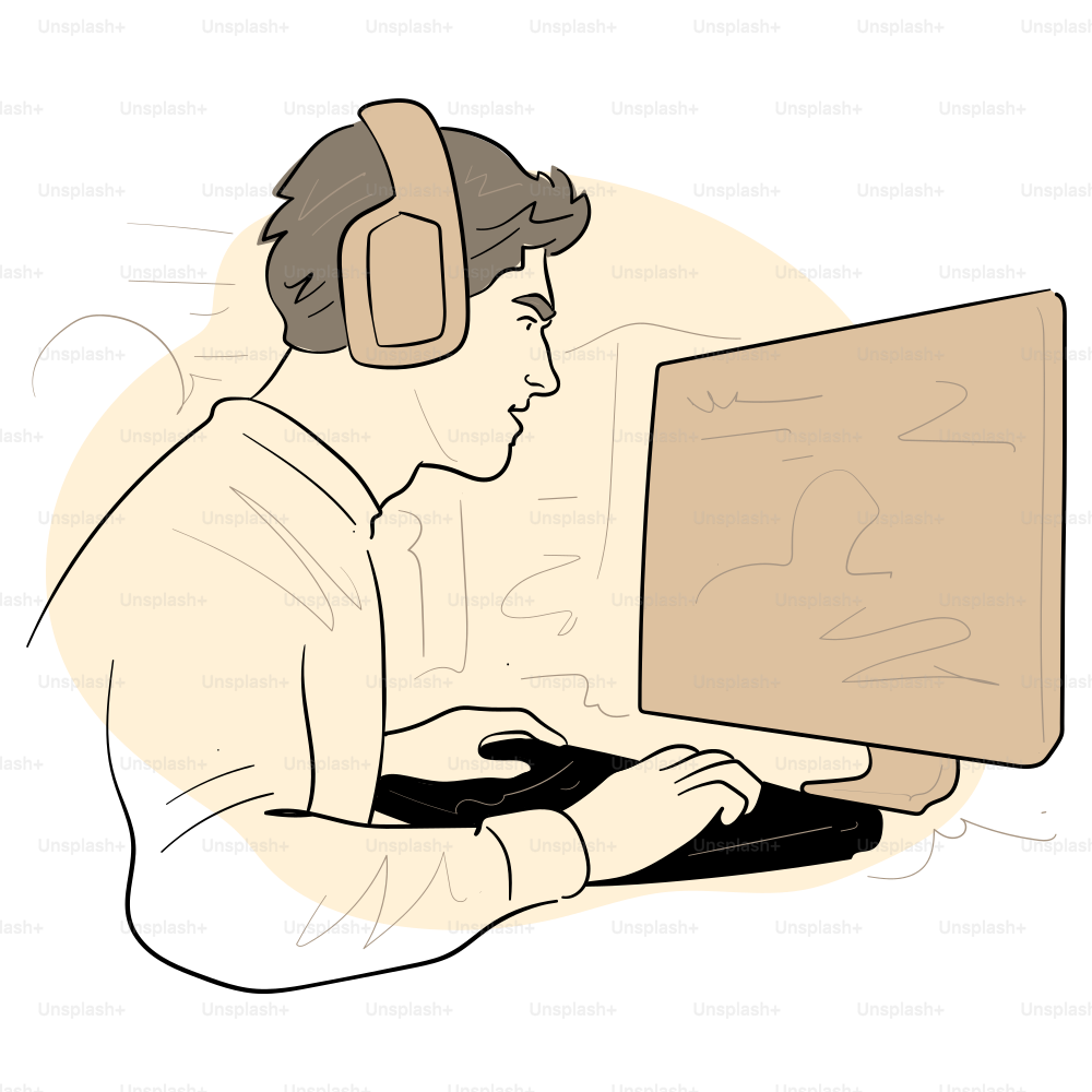 A person plays on a computer with headphones.