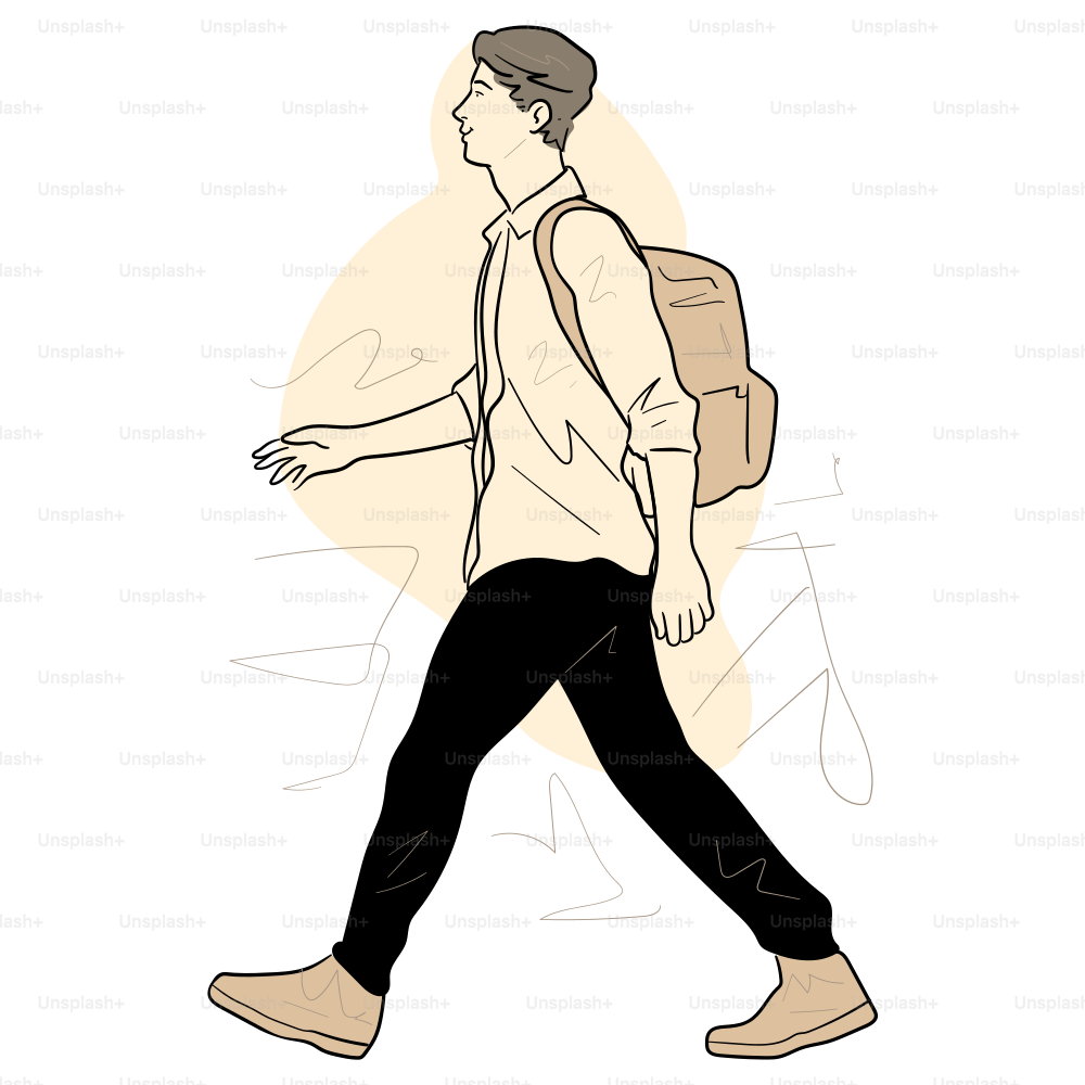 A man walks with a backpack.