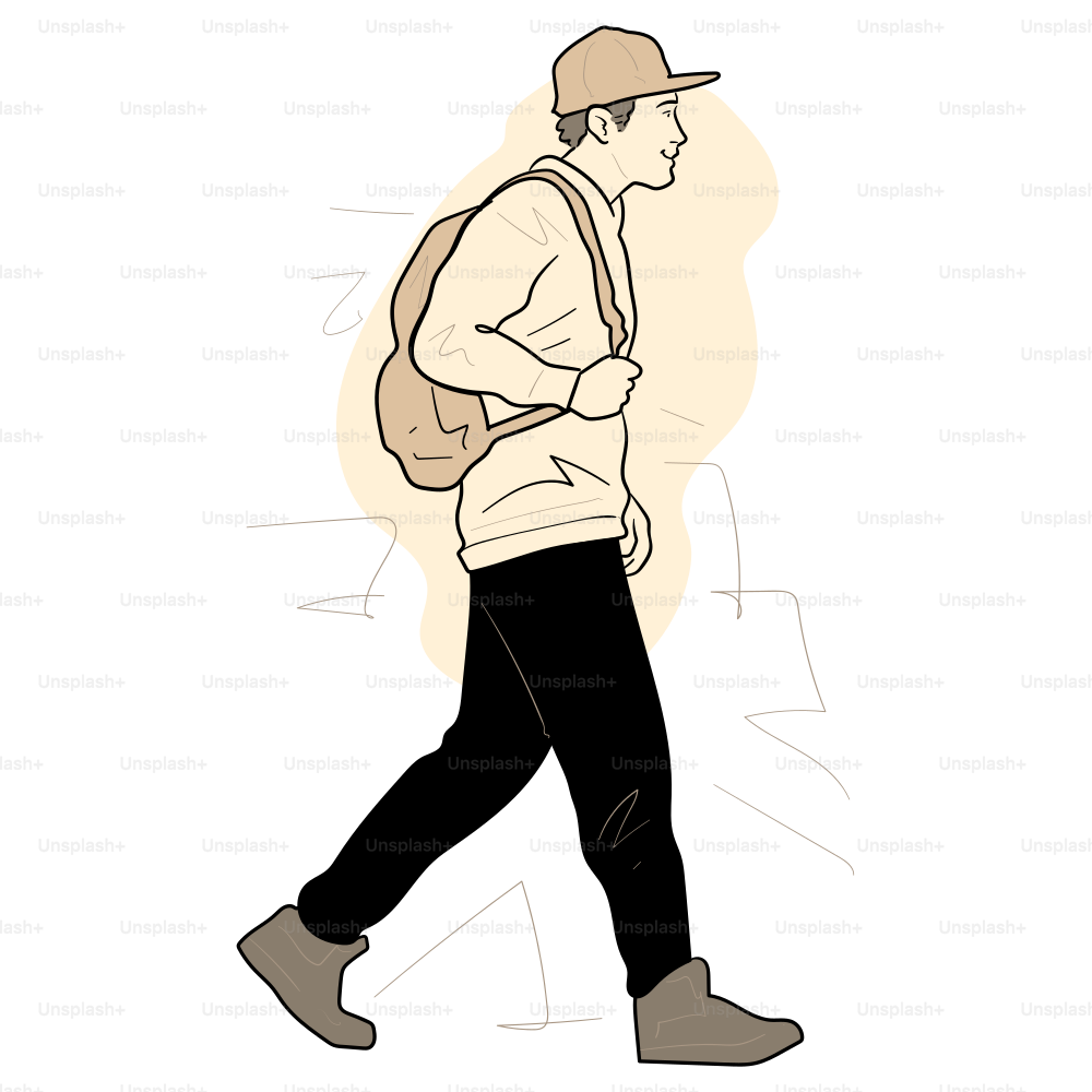 A young man walks while wearing a backpack.