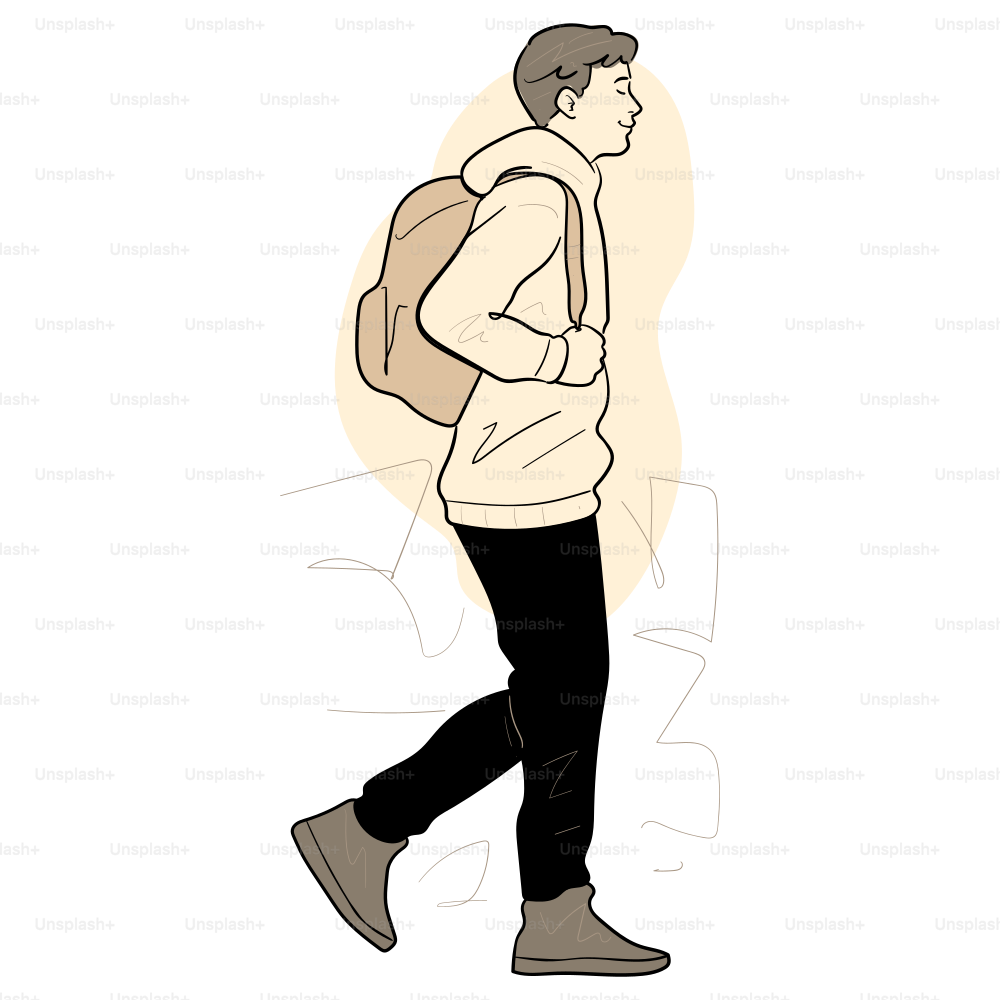 A young man walks with a backpack.