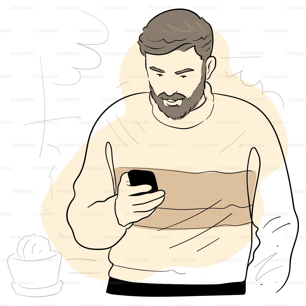 O homem olha atentamente para o celular.