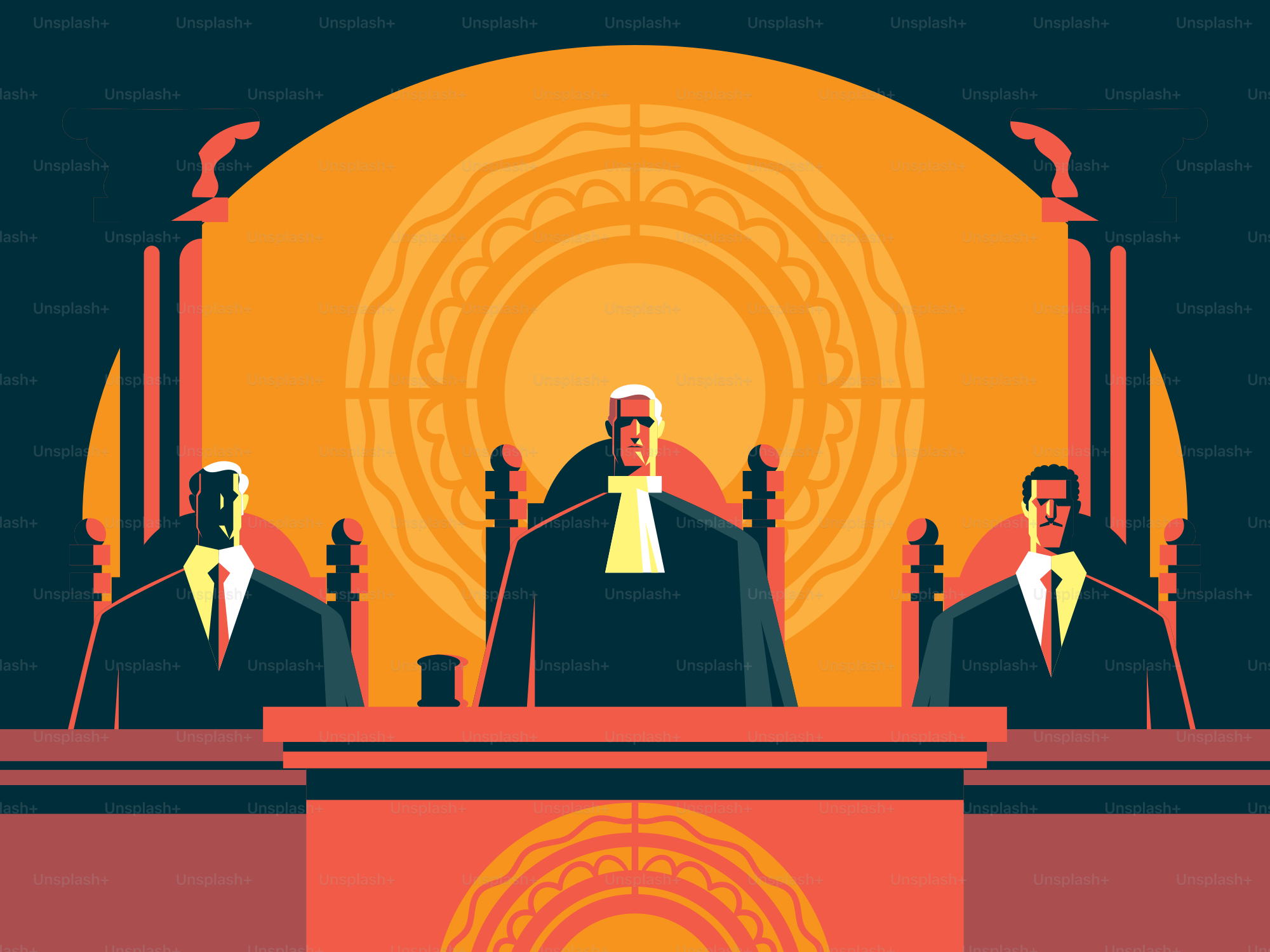 Les juges siègent sur le banc dans une salle d’audience stylisée.