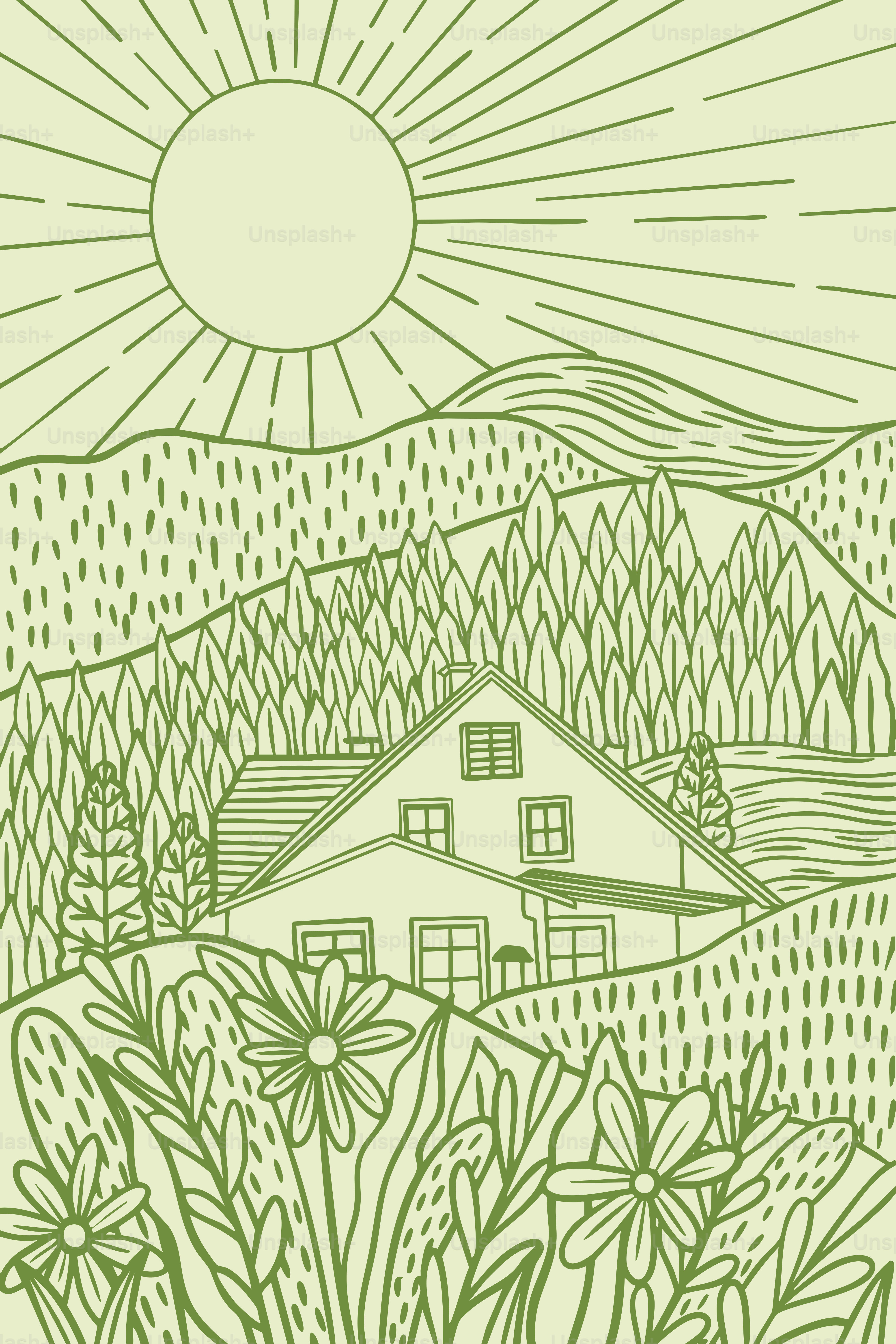 House nestled in a scenic mountain landscape with sun.