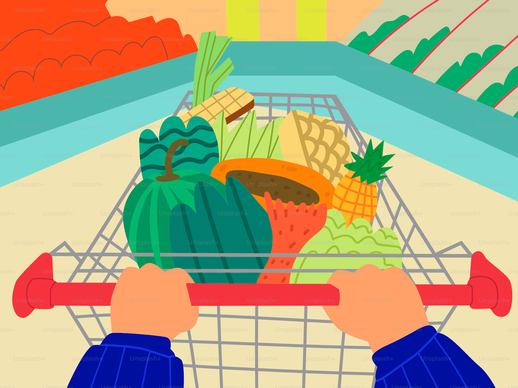 A shopping cart is filled with fruits and vegetables.