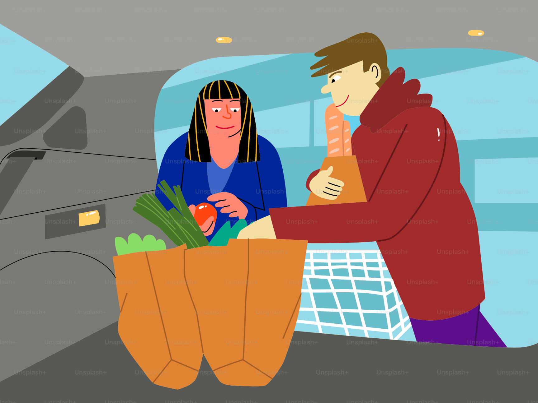 A man and woman load groceries in a car.