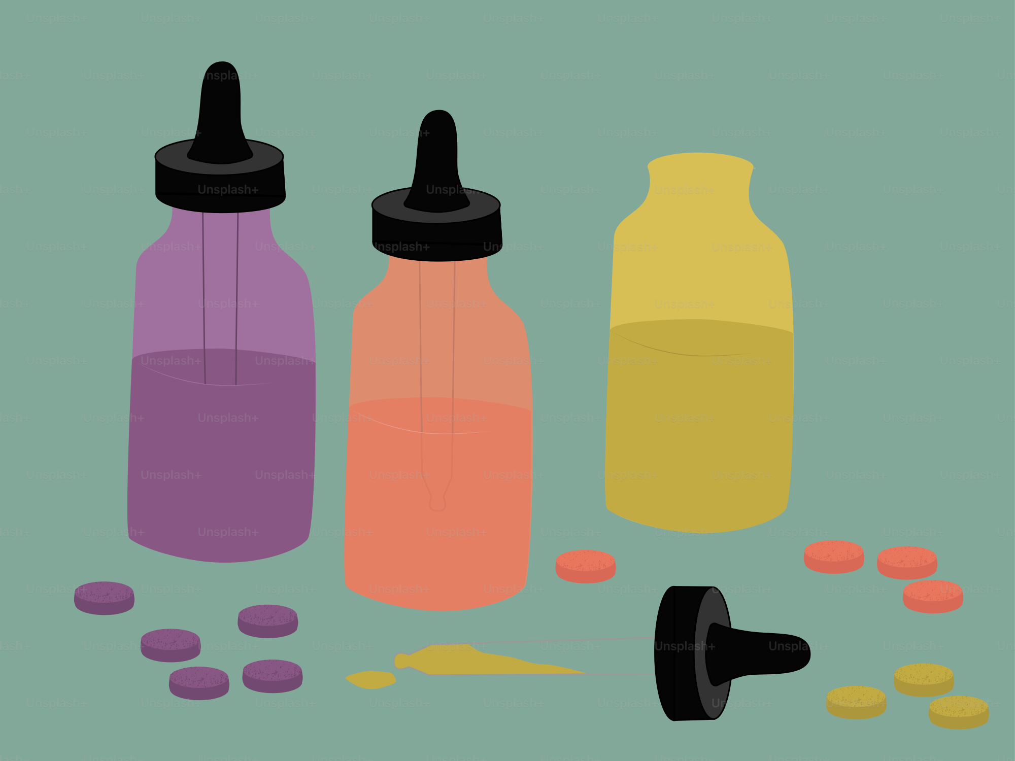 Bottles of medicine and pills are depicted.