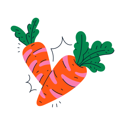 Two colorful carrots with green leaves.
