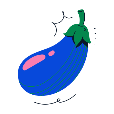 Here's a caption: a cartoon eggplant with lines and a pink spot.