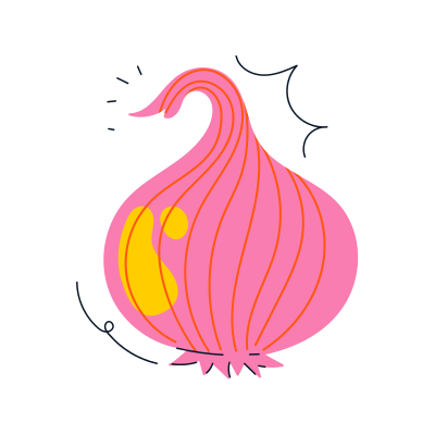 A cartoon pink onion with yellow accents.