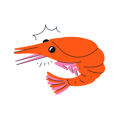 Un camarón de dibujos animados con ojos grandes y mirada de sorpresa.