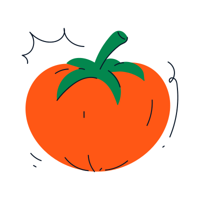 A bright, cartoon tomato with green leaves.