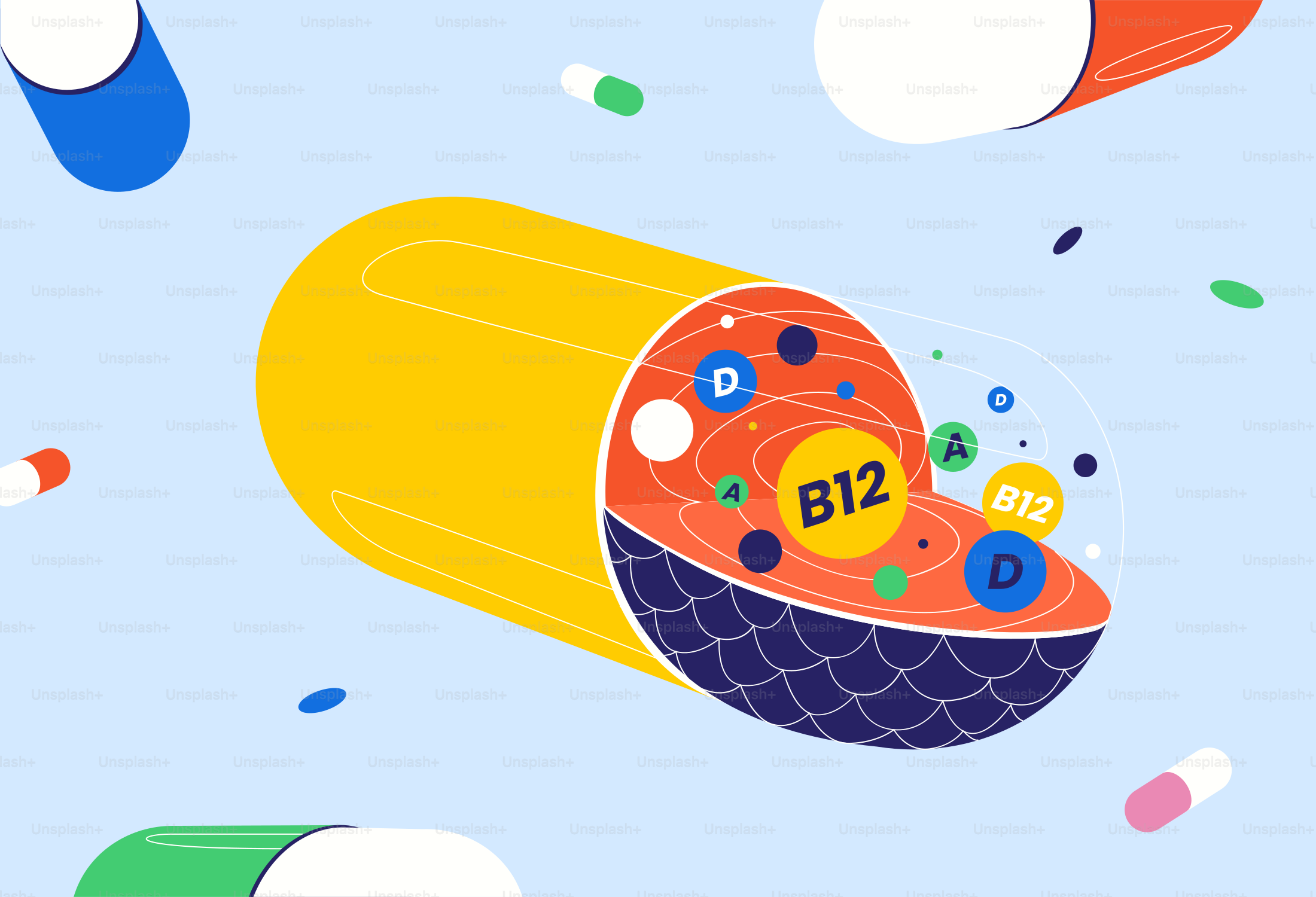 Vitamins are inside a large, open capsule.