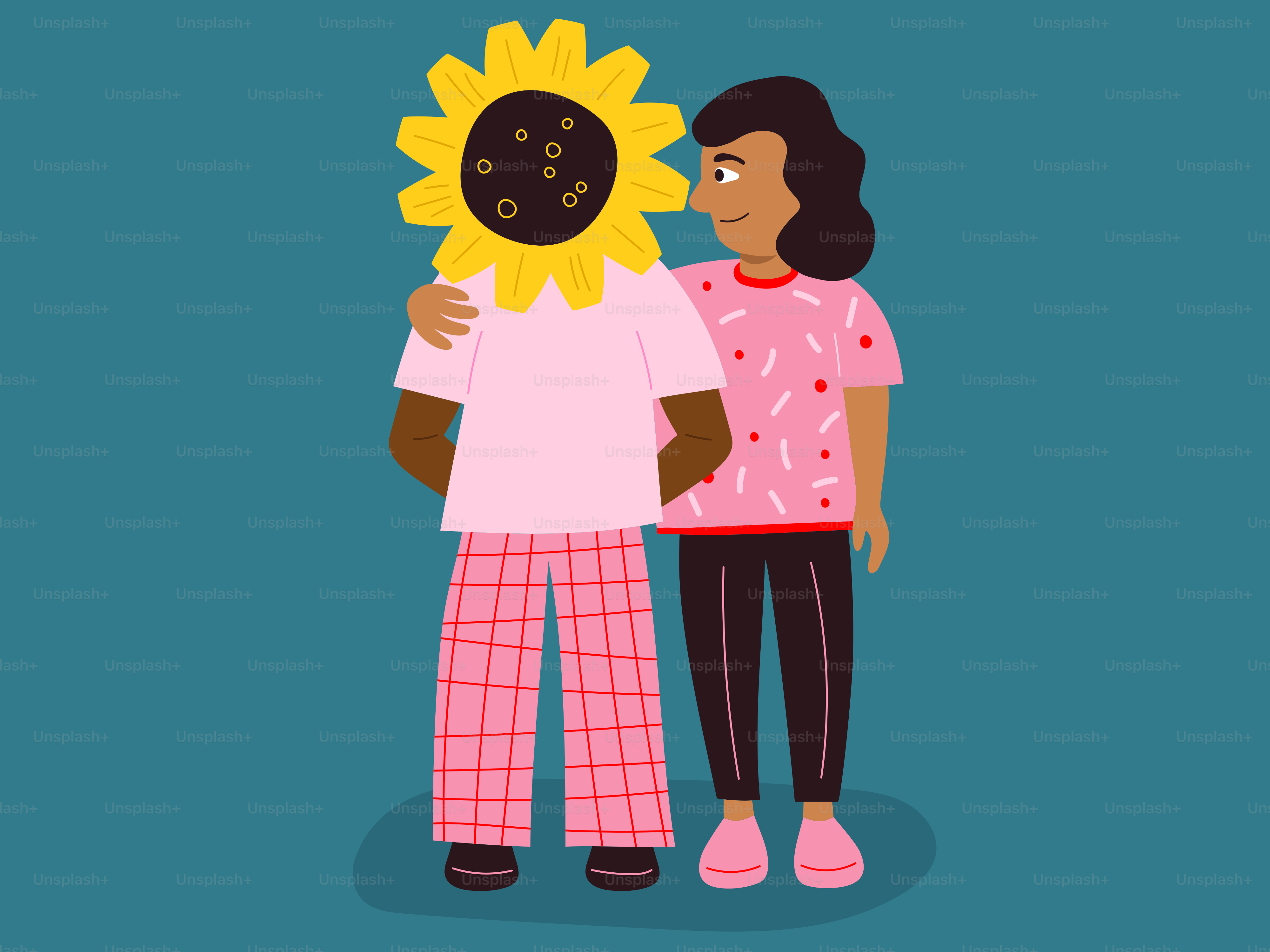 A person is comforting a sunflower-headed individual.