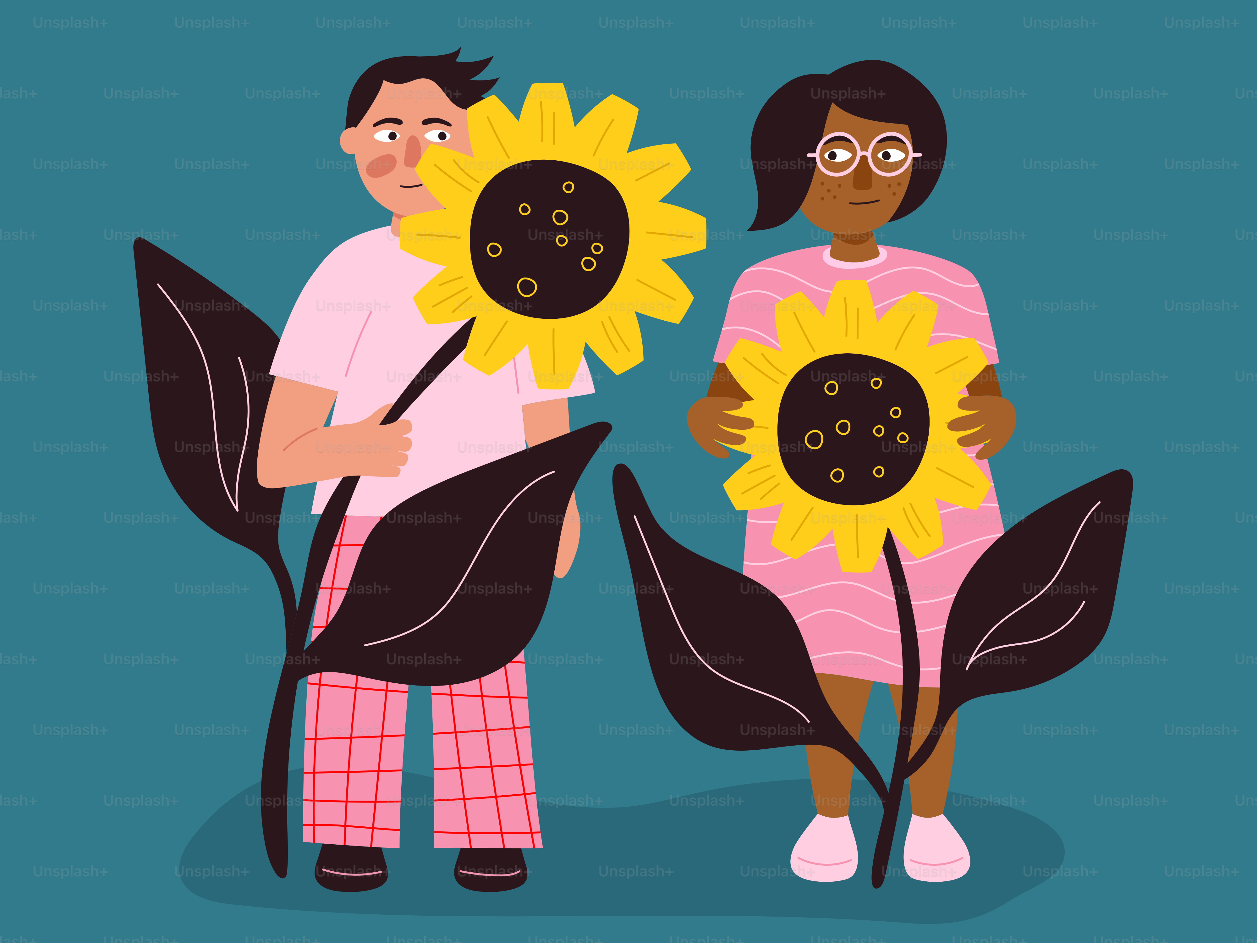 Dos personas sostienen grandes girasoles.