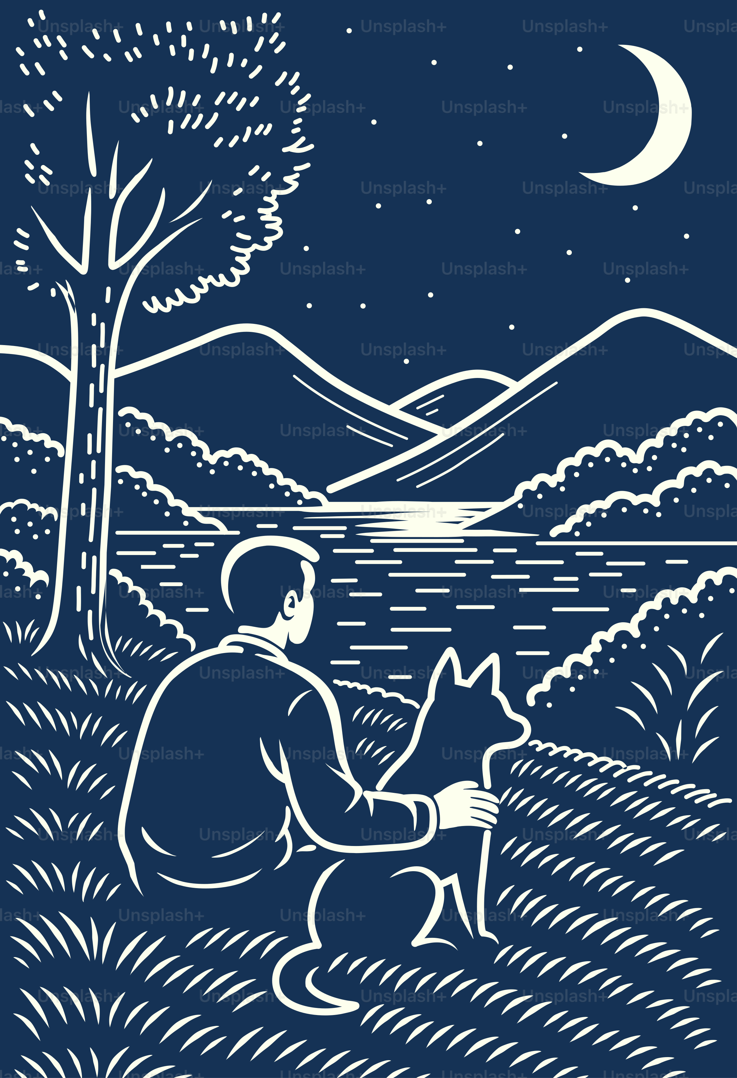 Man and dog enjoy a night under the stars.