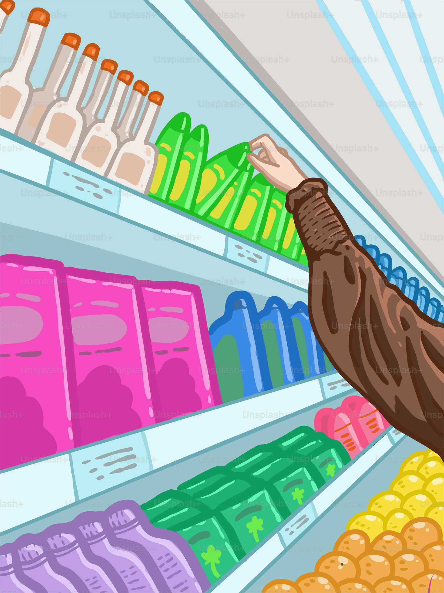 A hand reaches for a product in a supermarket.