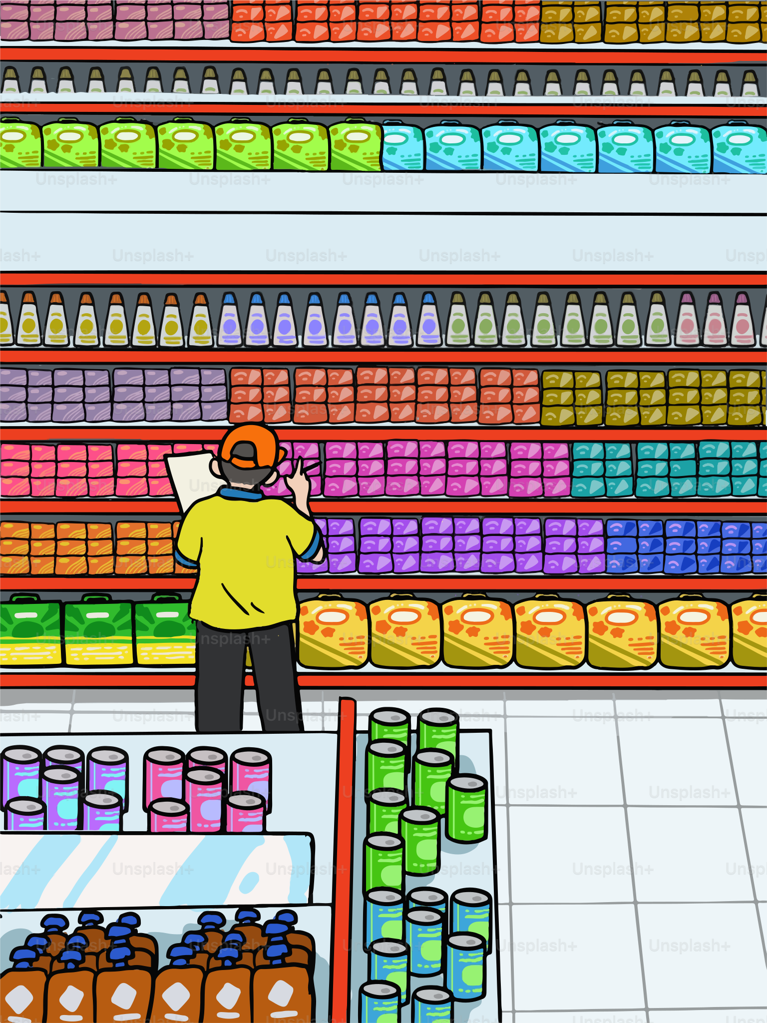A store employee checks inventory in the supermarket.