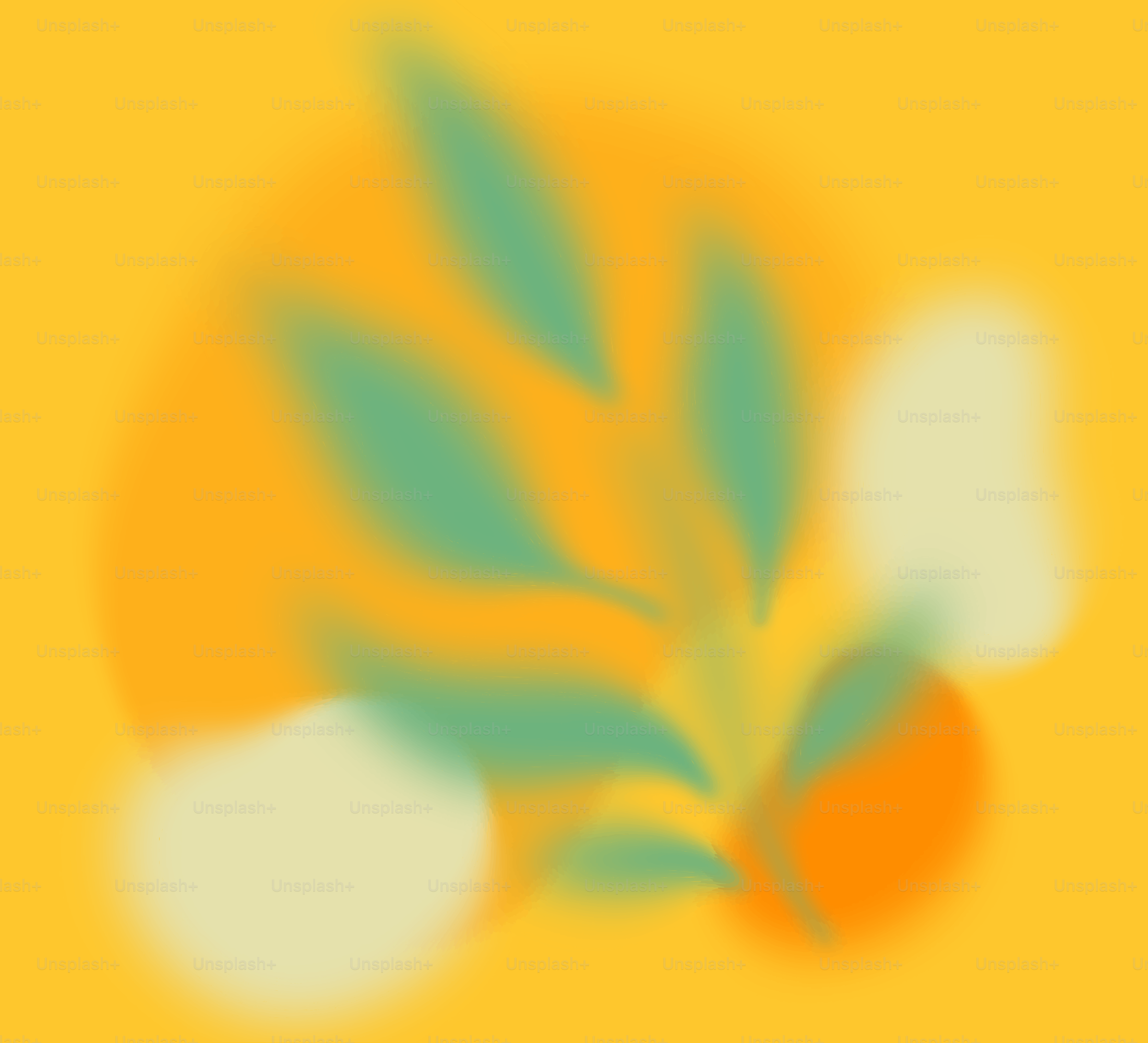 Blurred leaves and shapes against yellow background.