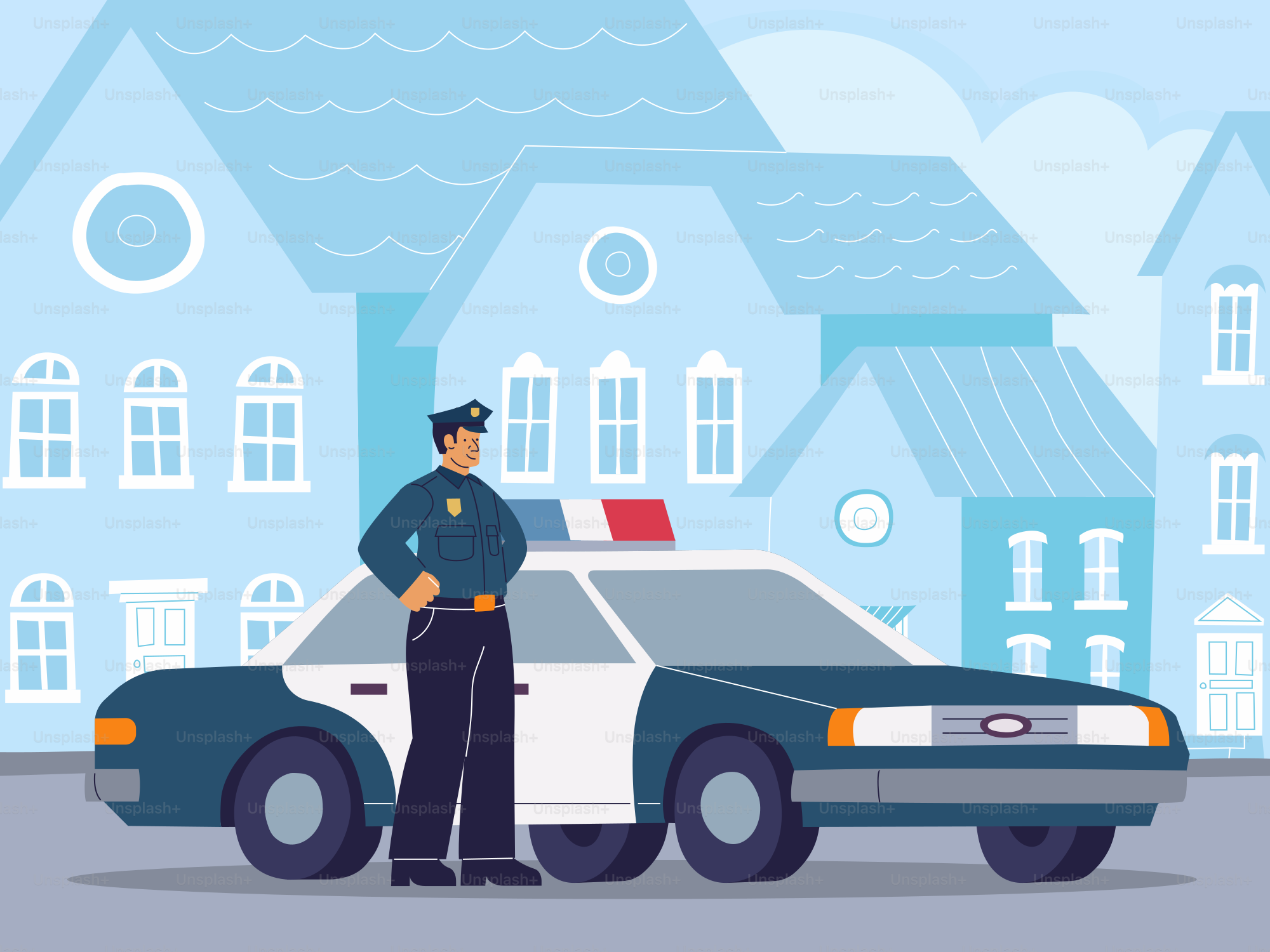 Um policial está ao lado de sua viatura de patrulha.