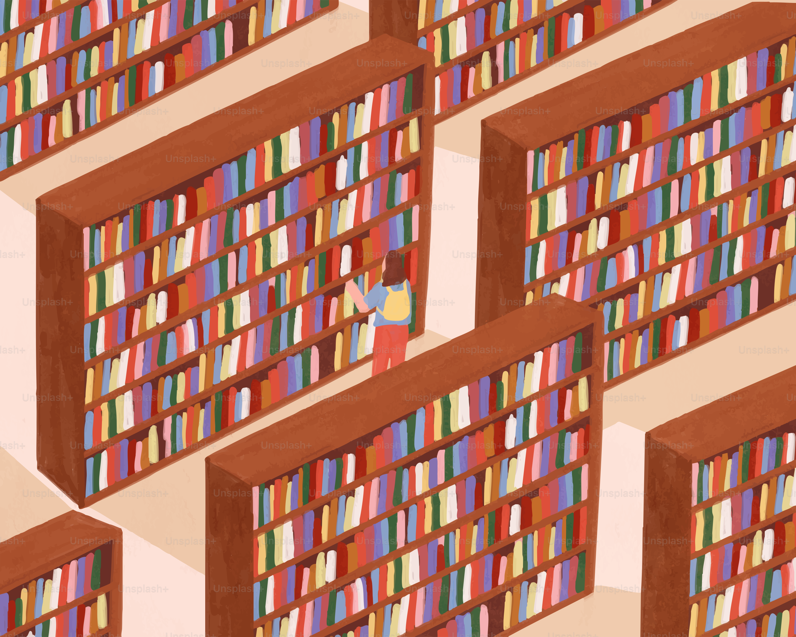 Uma pessoa está lendo livros em uma biblioteca.