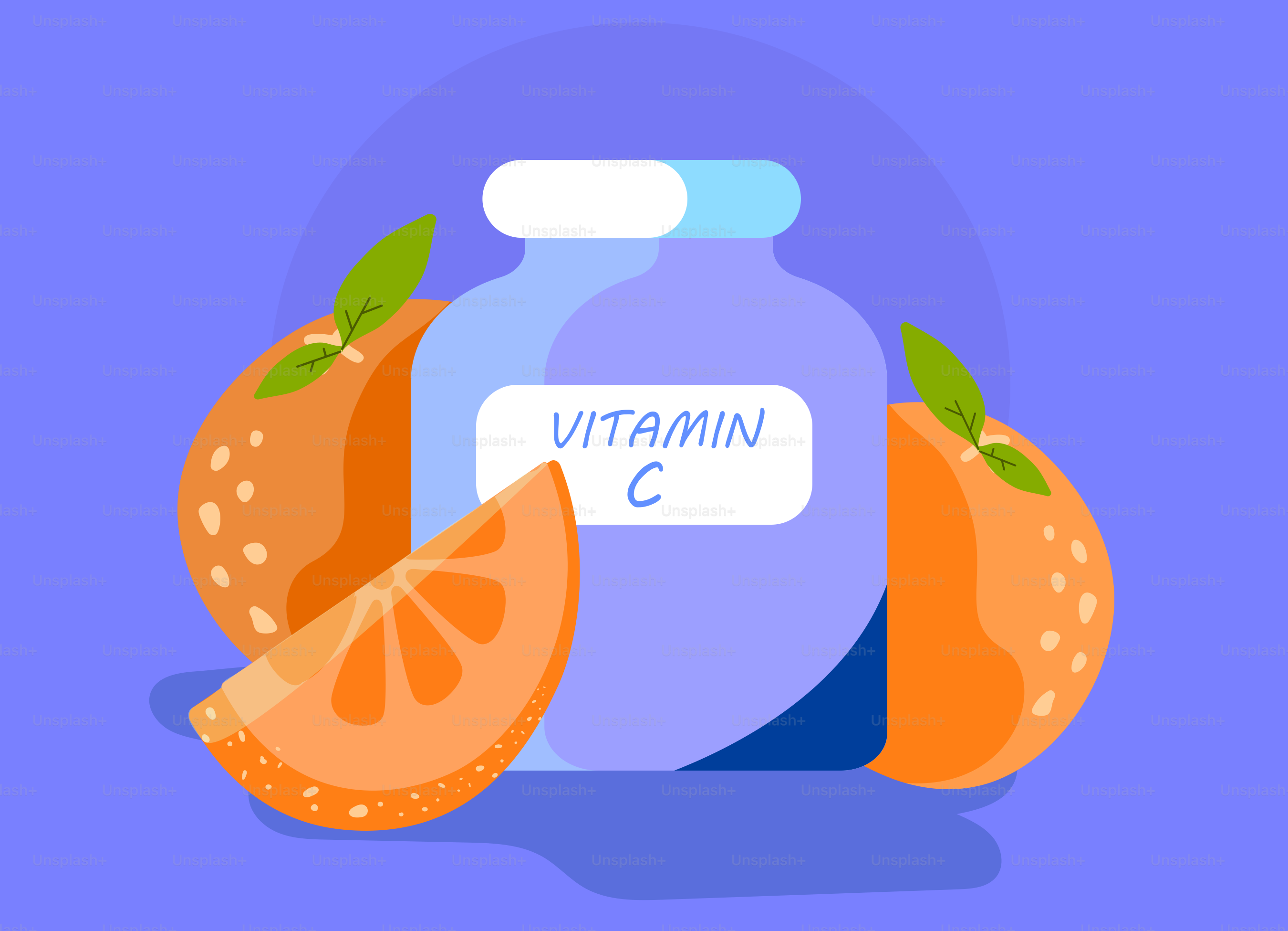 Vitamin c supplement bottle with oranges.