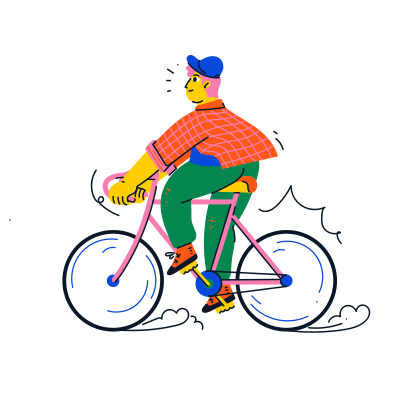 A person rides a colorful bicycle.