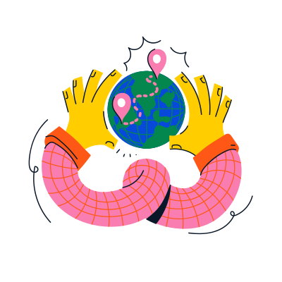 Hands are holding the globe with pin markers.