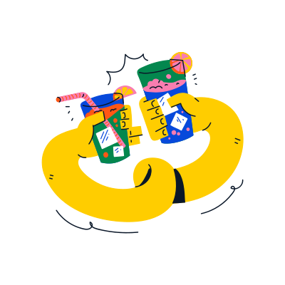 Two hands cheers with colorful cocktails.