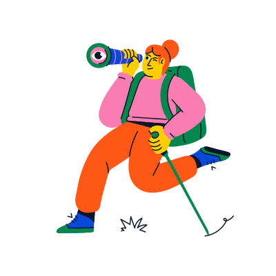 A hiker is looking through a telescope.