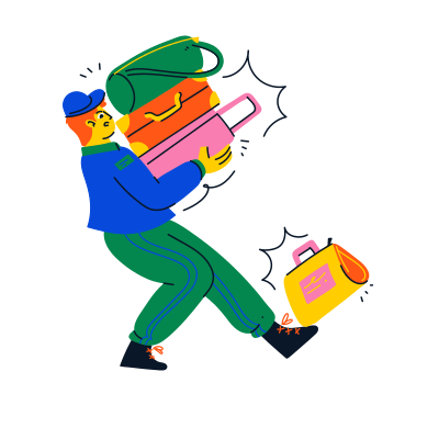 Man struggles to carry too much luggage.