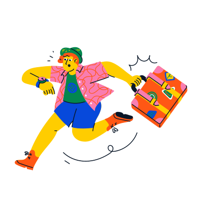 The person is running with a suitcase, looking late.