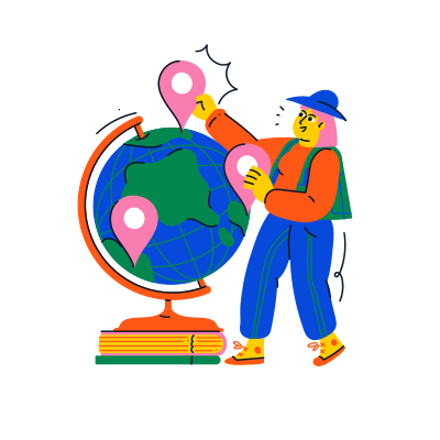 A person is pointing at a globe with location markers.