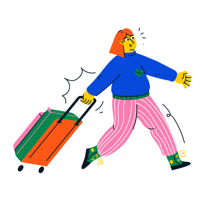 A woman rushes with her suitcase while travelling.
