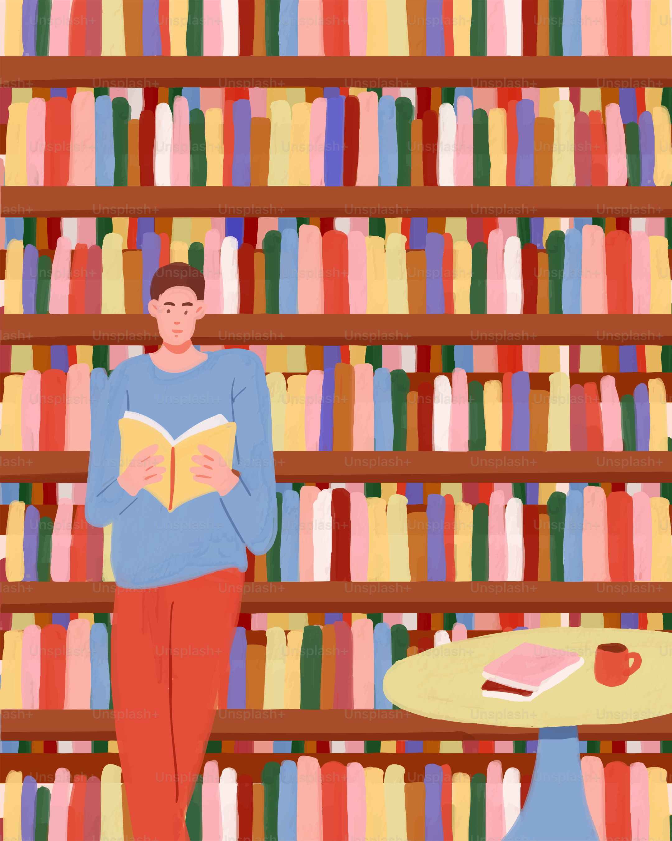 Une personne lit un livre dans une bibliothèque.