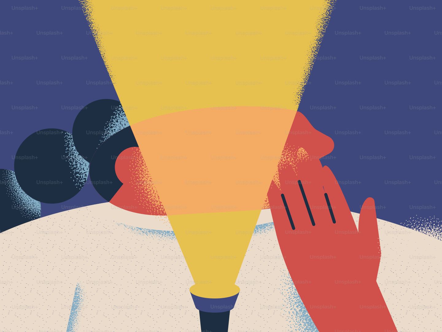 A person is illuminated by a bright flashlight.