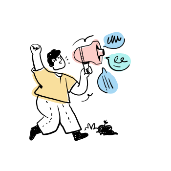 Man is shouting into a megaphone with speech bubbles.