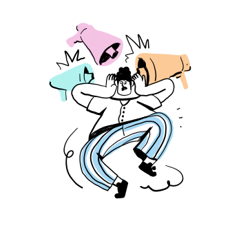 Overwhelmed person surrounded by loud megaphones.