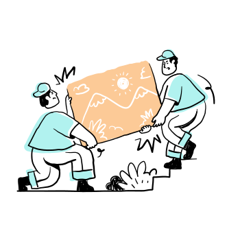 Two people are moving a picture up stairs.