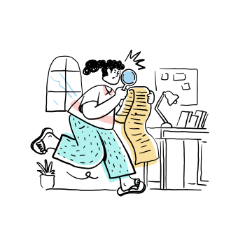 Woman examines a long list with a magnifying glass.