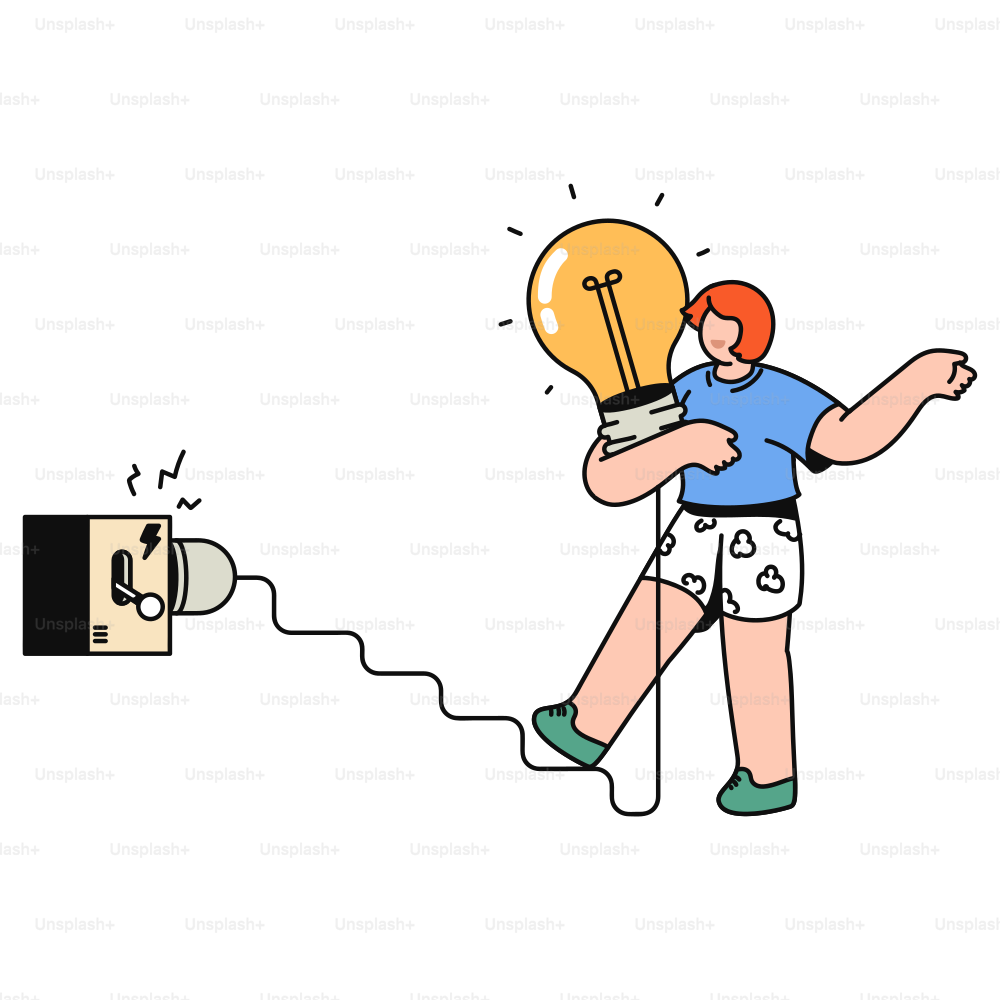 Woman holds a lightbulb, with an electrical outlet.
