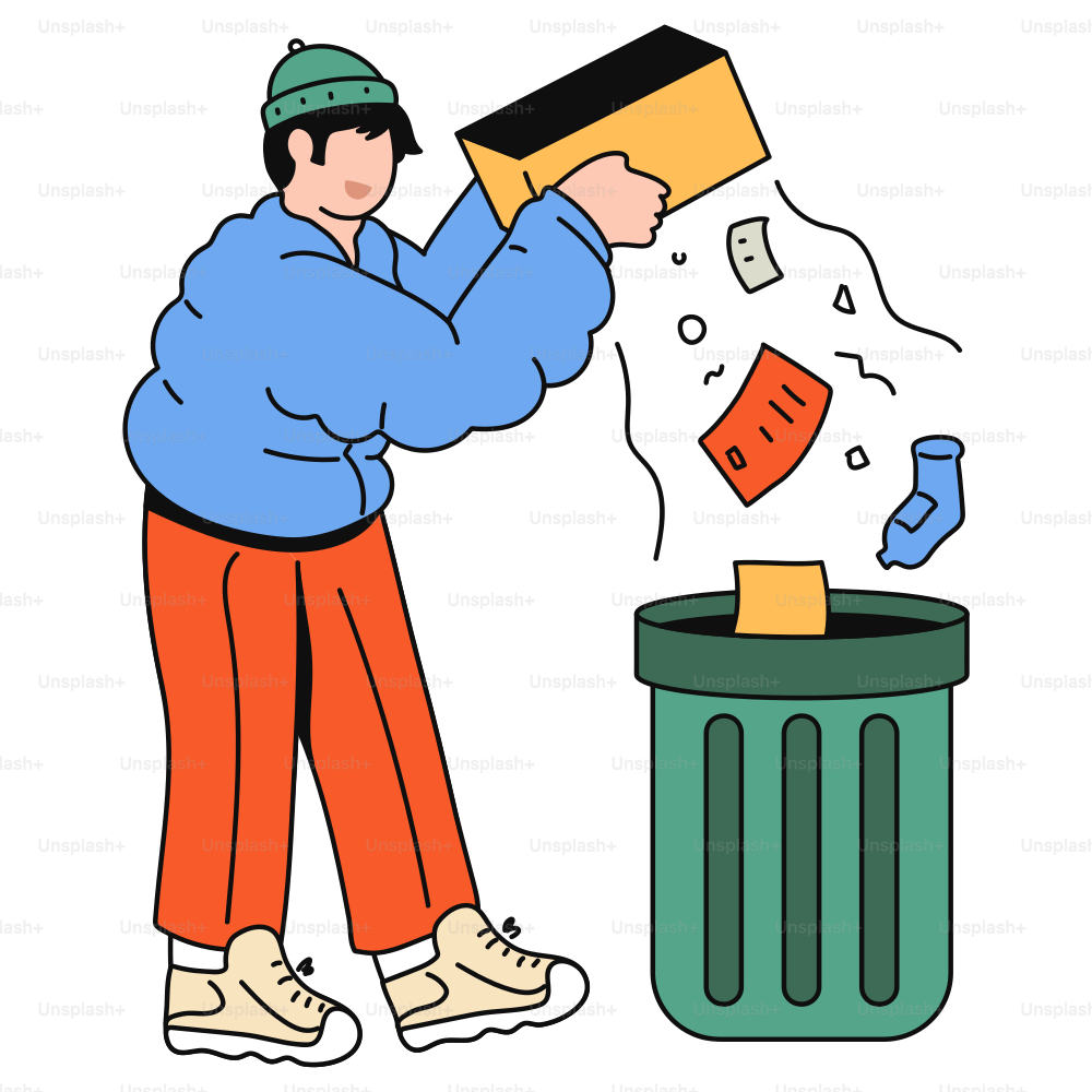 A person discards trash into a garbage can.