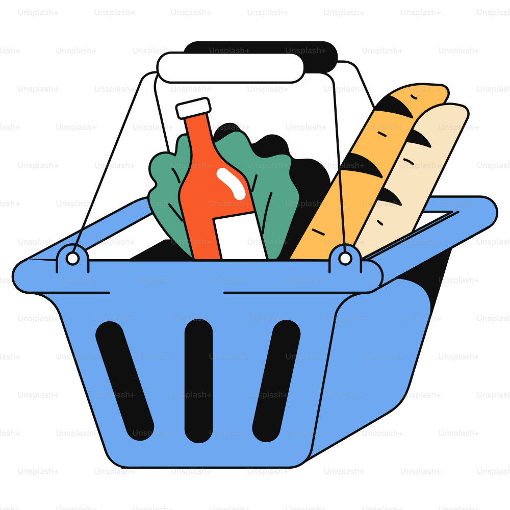 Un panier est rempli de produits d’épicerie.