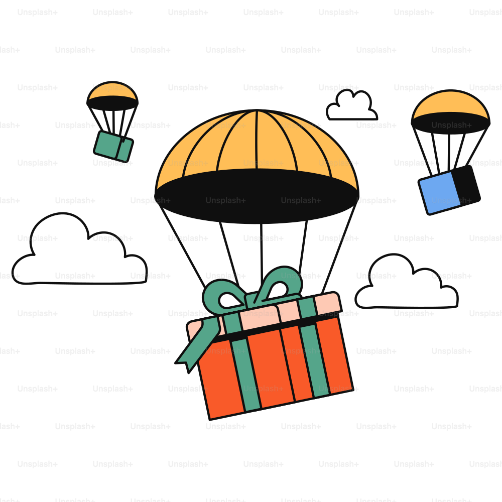 Gifts are being delivered by parachutes from above.