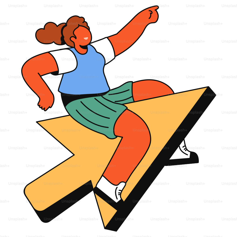 Woman riding a large arrow, pointing forward.
