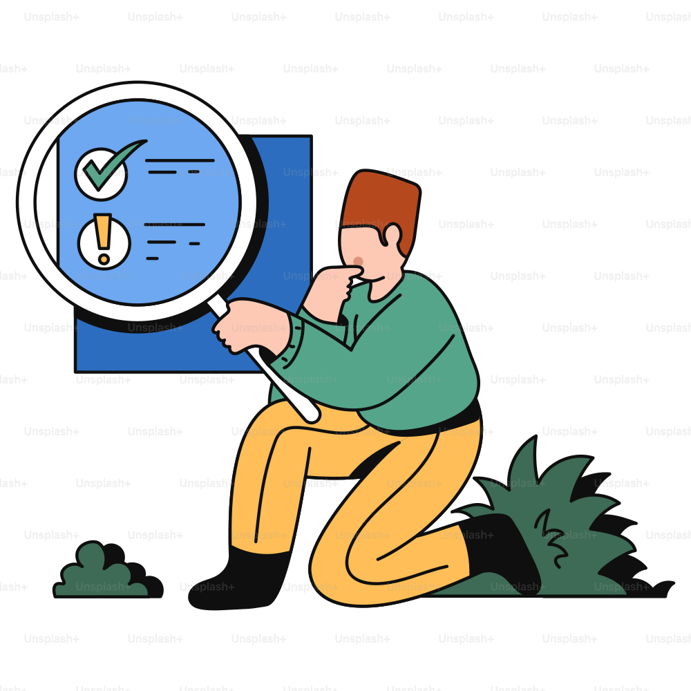 A man inspects a checklist with a magnifying glass.