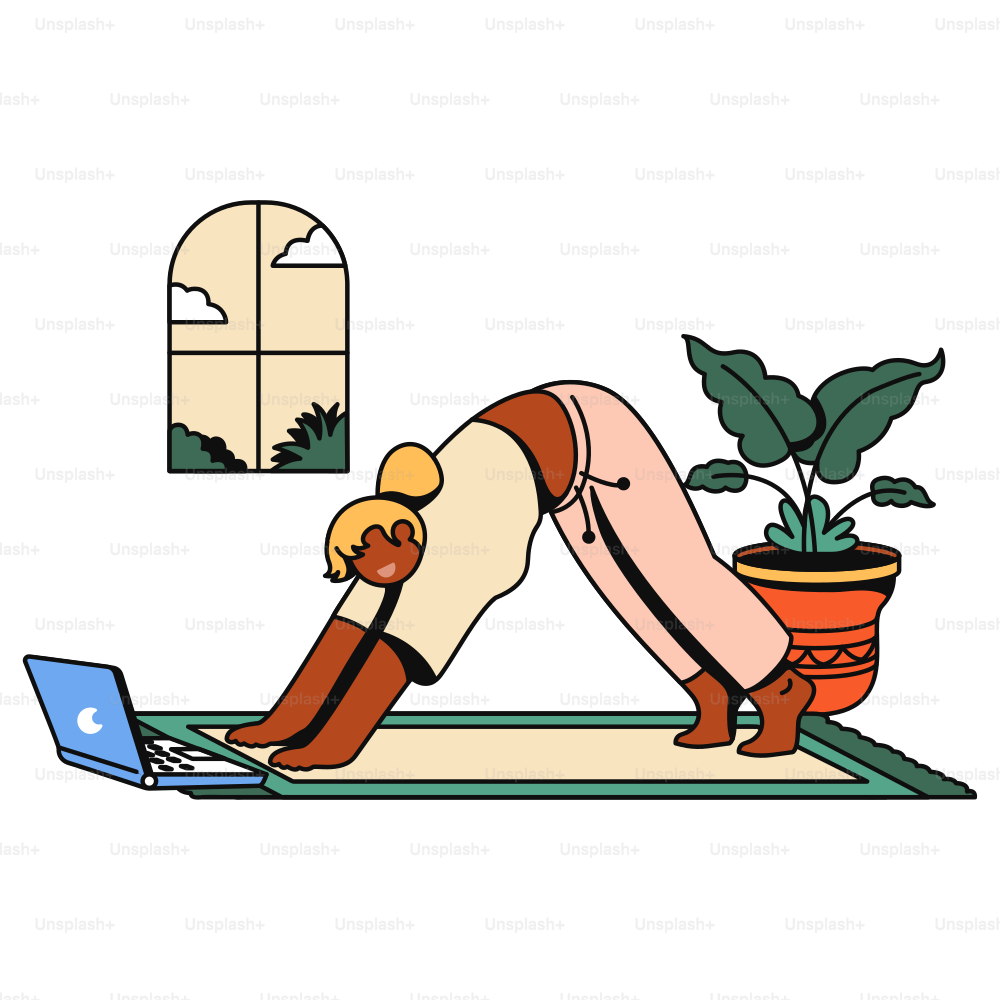 Woman practices yoga with a laptop nearby.