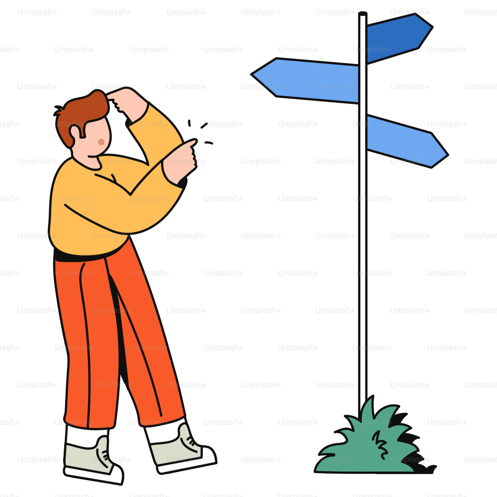 Man looks at the directions on a signpost.