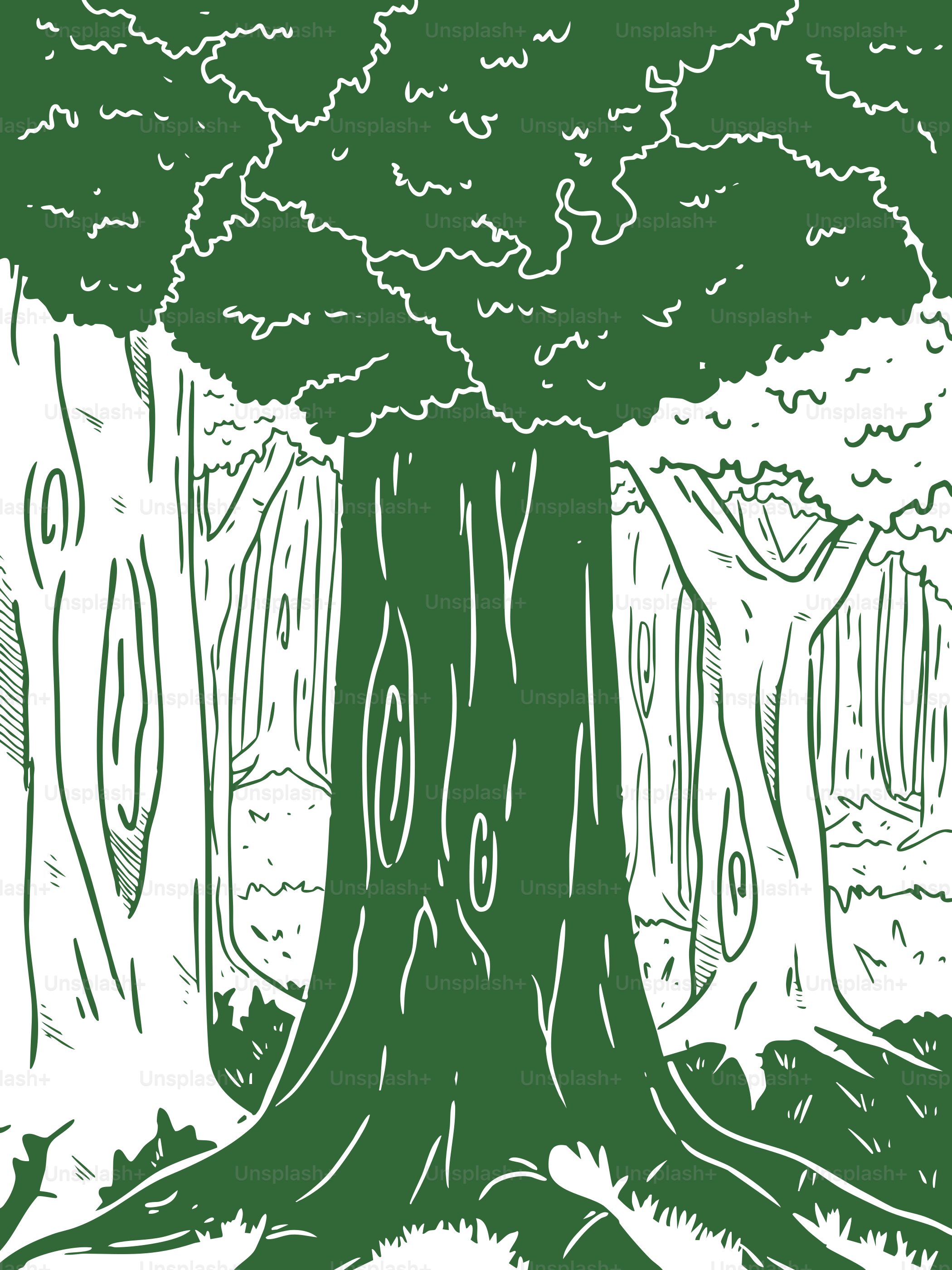 큰 나무가 있는 푸른 숲.