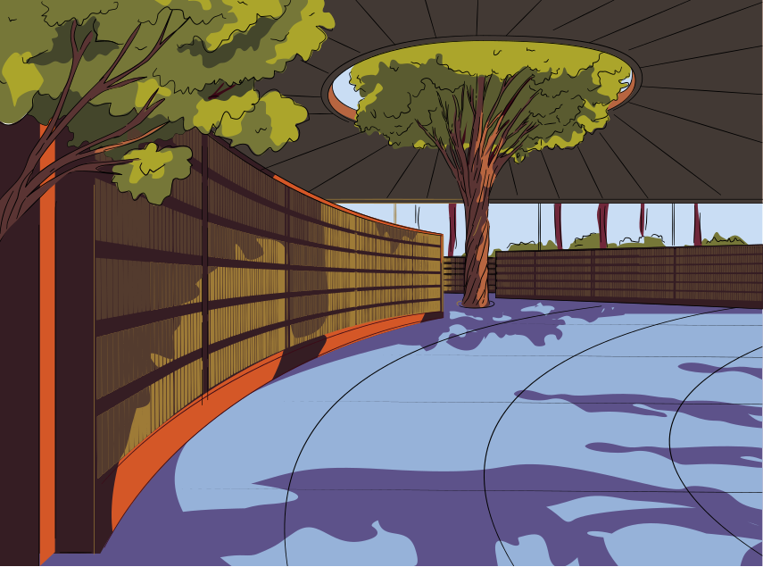 Inside a library with a tree growing through the roof.