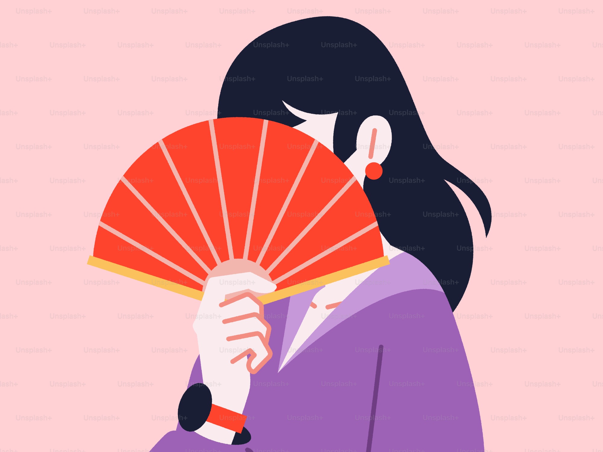 女性は赤い扇子の後ろに顔を隠します。